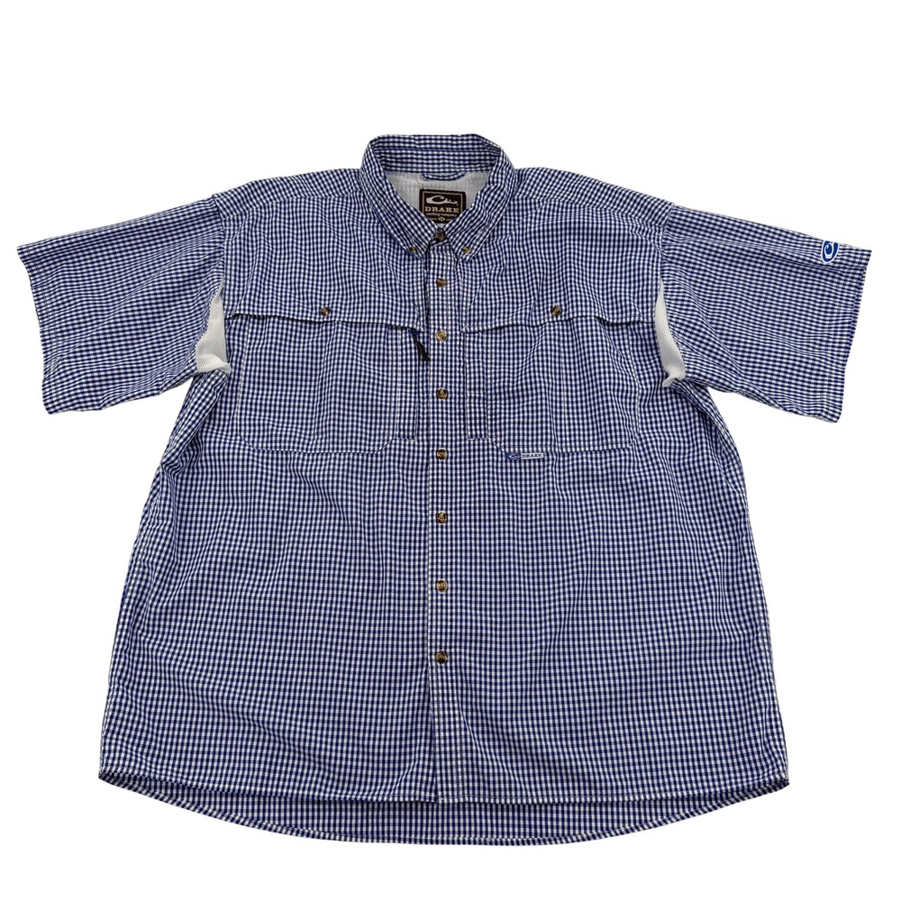 Drake Waterfowl Mens Blue Gingham Short Sleeve Vented Fishing Shirt 2X Large